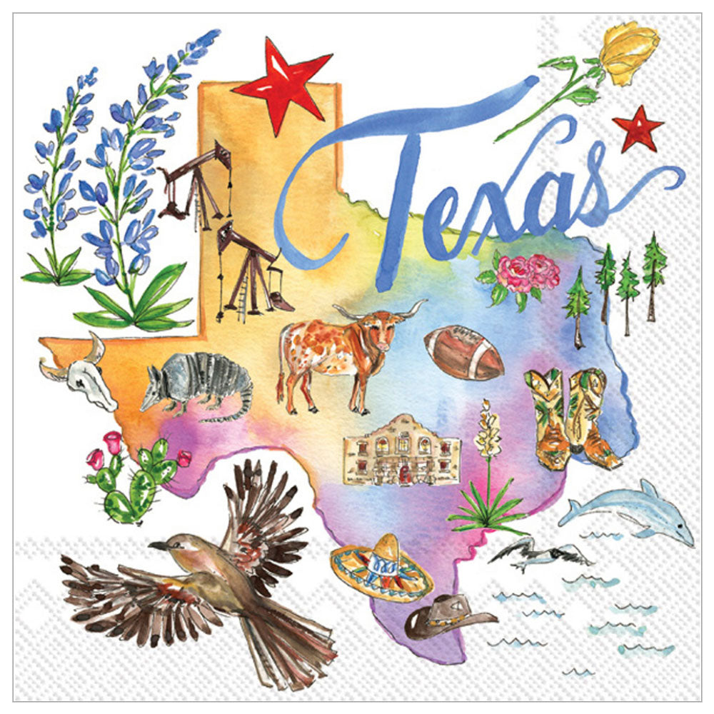 Pack of 20 Texas cocktail napkins — Lone Star State design with map, boots, and star. Shop now.