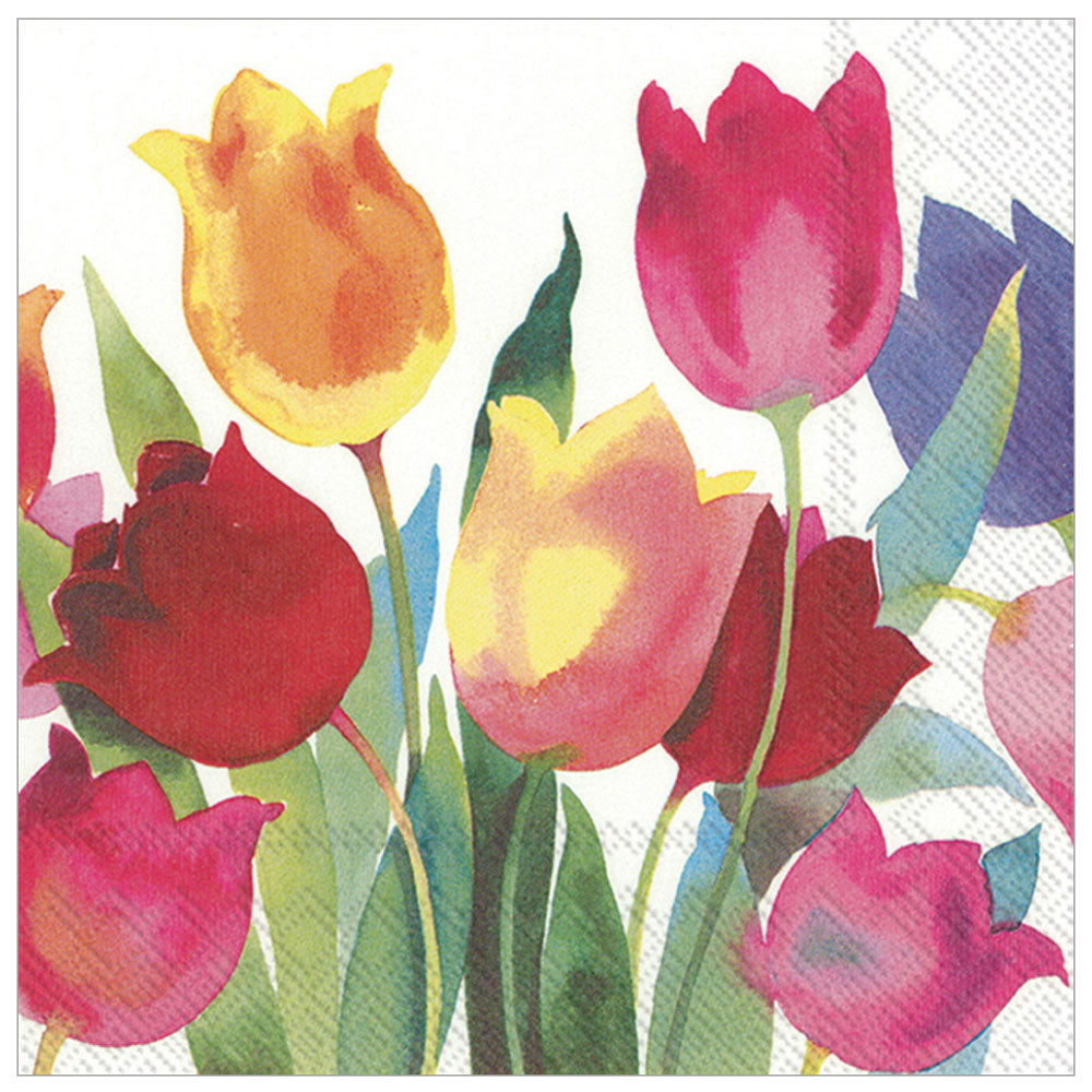 Colorful Tulips Cocktail Napkins — vibrant tulip bouquet design on white background, 20 count, 3 ply