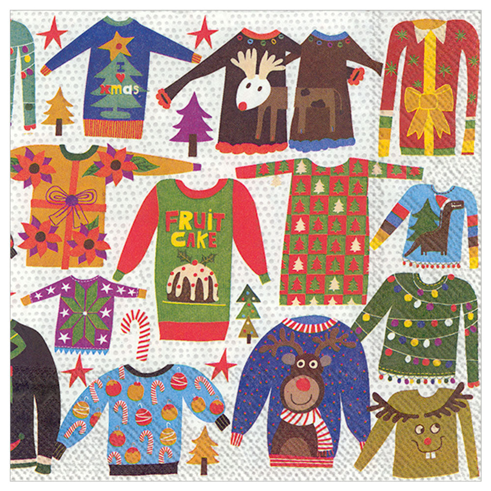 Cocktail napkins adorned with various ugly Christmas sweater designs—20-pack bringing humor and holiday cheer to your sips.