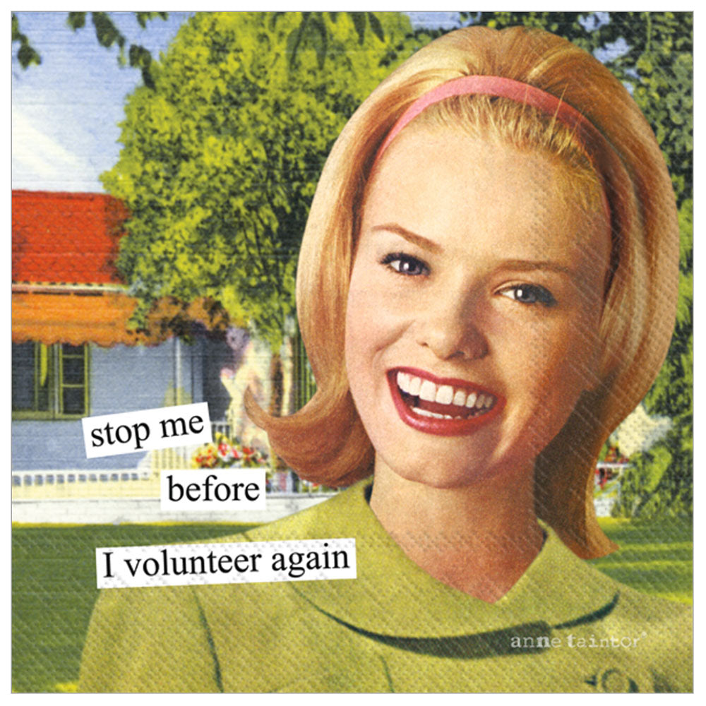 “Stop Me Before I Volunteer Again” 20 pack cocktail napkins, 3 ply paper, funny design — ideal for golf committees & parties