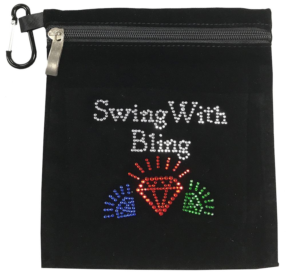Black velvet ‘Swing With Bling’ bling golf accessory pouch clipped to golf bag