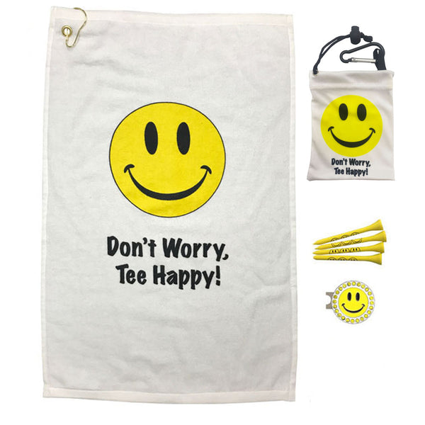 don't worry tee happy golf towel, tee bag, wooden golf tees, and golf ball marker