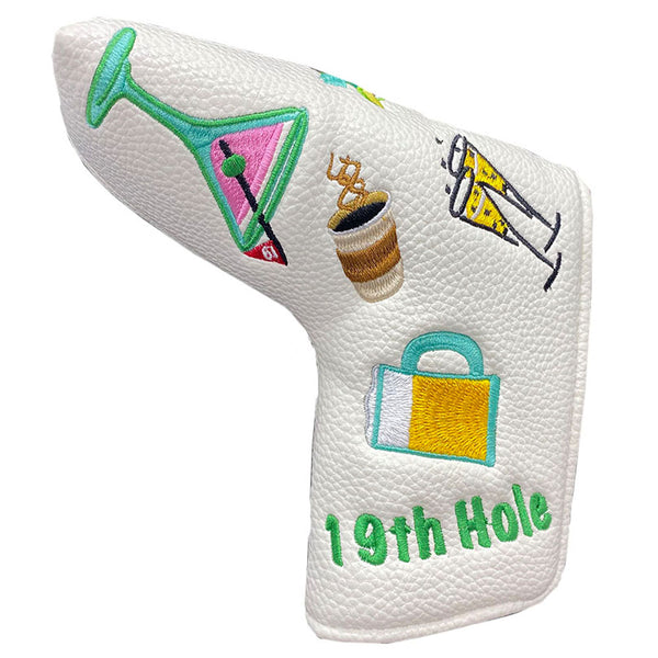 19th hole blade putter cover with alcoholic drinks and magnetic closure