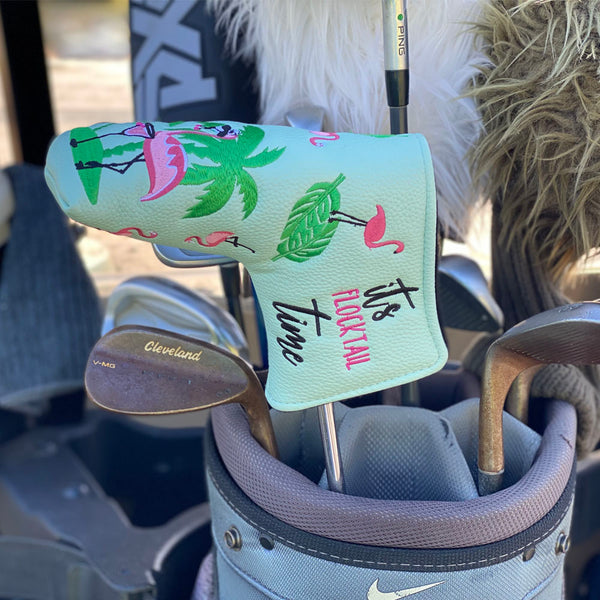 giggle golf it's flocktail time flamingos blade putter cover teal and pink side 2