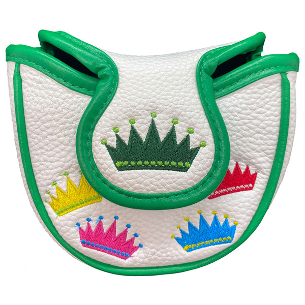 leather mallet putter cover with coloreful crowns and magnetic closure