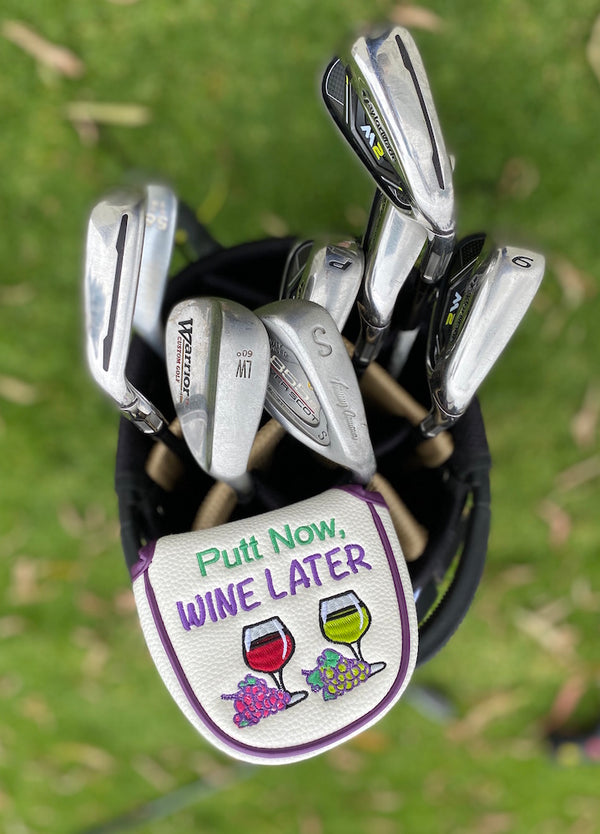 putt now wine later mallet putter cover in golf bag