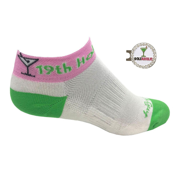 19th hole martini women's golf sock with bling golfaholic ball marker