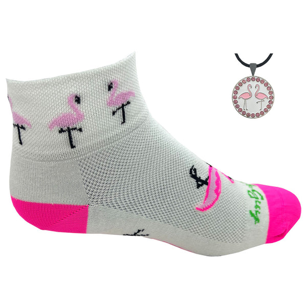 Giggle Golf flamingo socks with bling golf ball marker and necklace