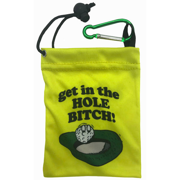 yellow get in the hole bitch clip on golf tee bag