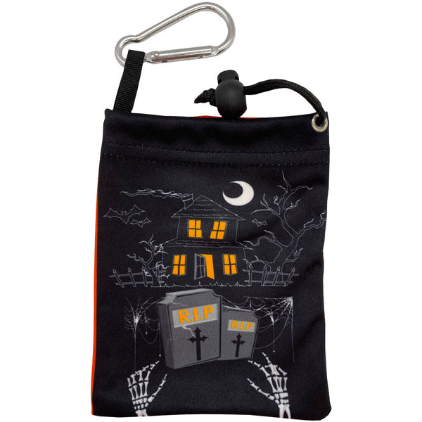 Double sided tee bag - one side of the tee bag is orange with a spider web scene, and the other side is black with a haunted house scene.