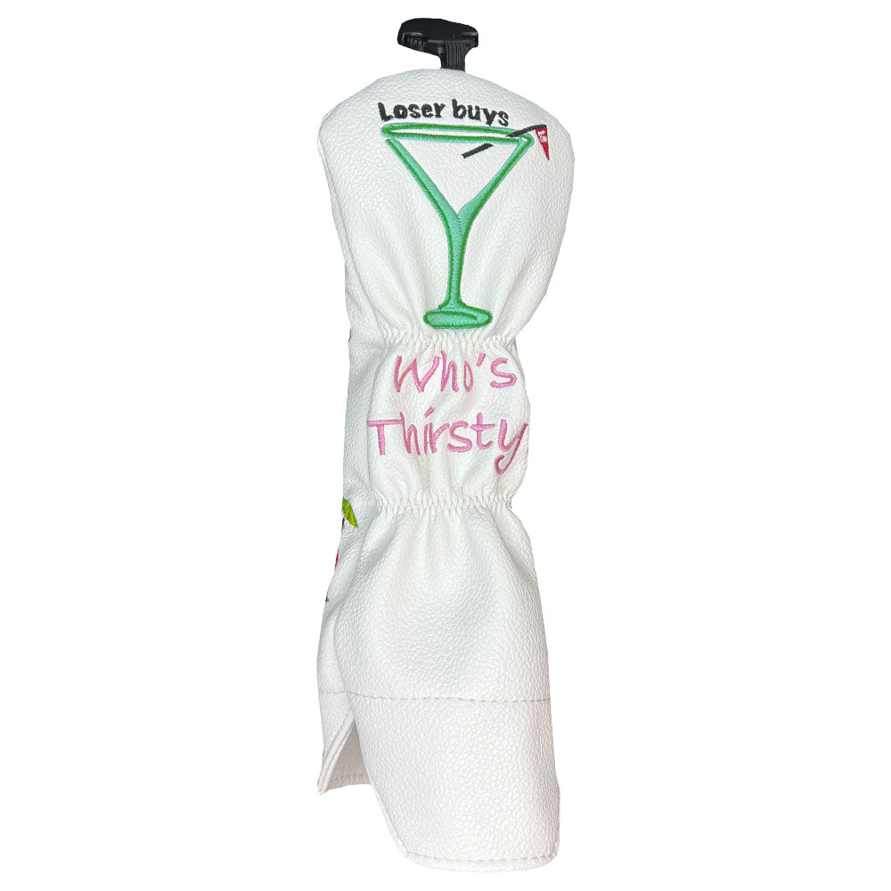 Giggle Golf 19th hole hybrid head cover back side, who's thirsty with an empty maritni glass