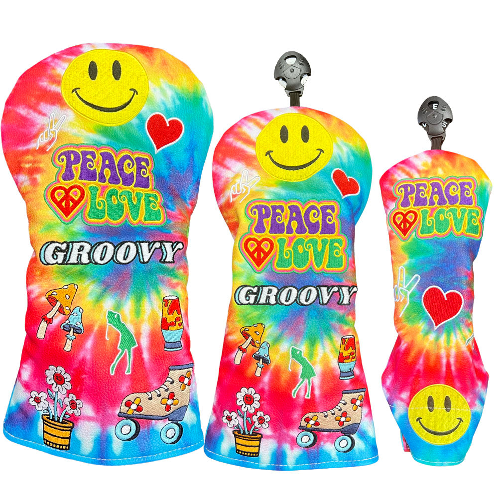 Groovy Tie-Dye women's 3-piece golf head cover set with colorful retro embroidered driver, fairway and hybrid covers