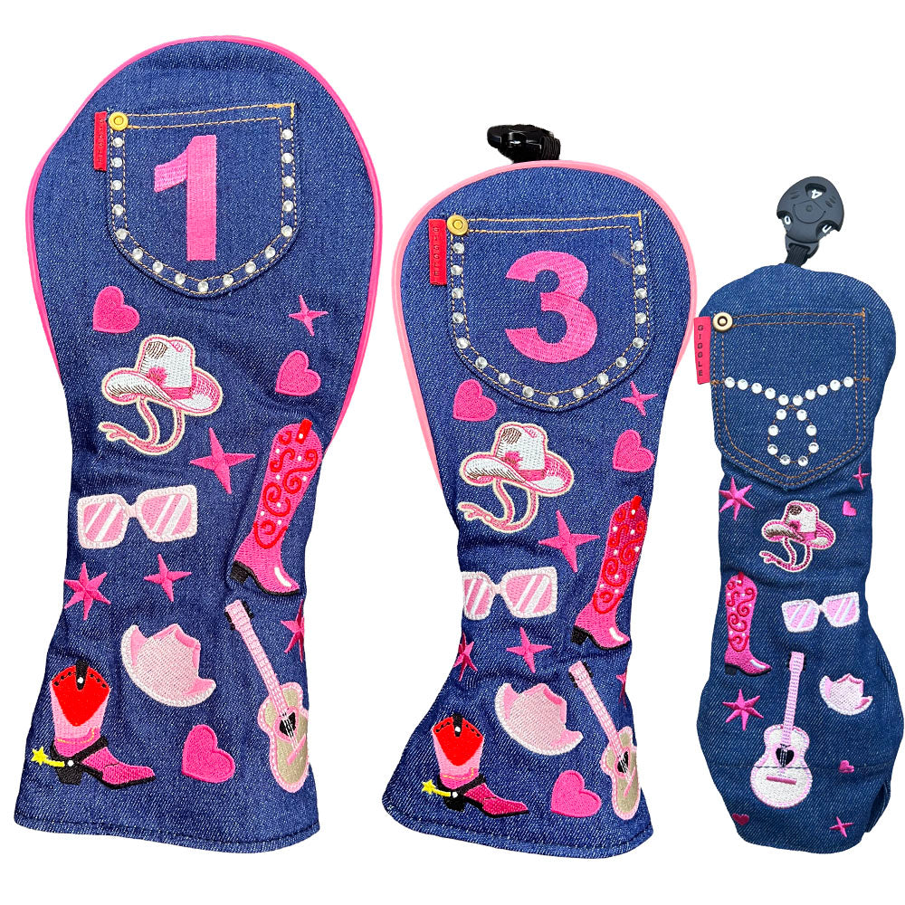 Western 3-piece golf head cover set with denim-inspired cowgirl design for driver, fairway and hybrid clubs