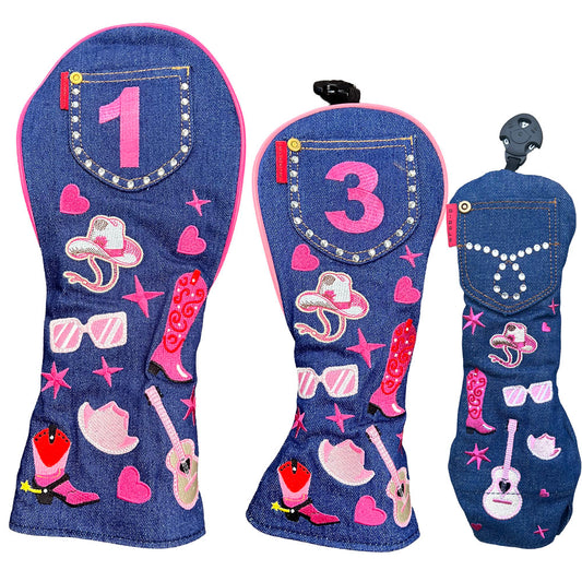 Western 3-piece golf head cover set with denim-inspired cowgirl design for driver, fairway and hybrid clubs
