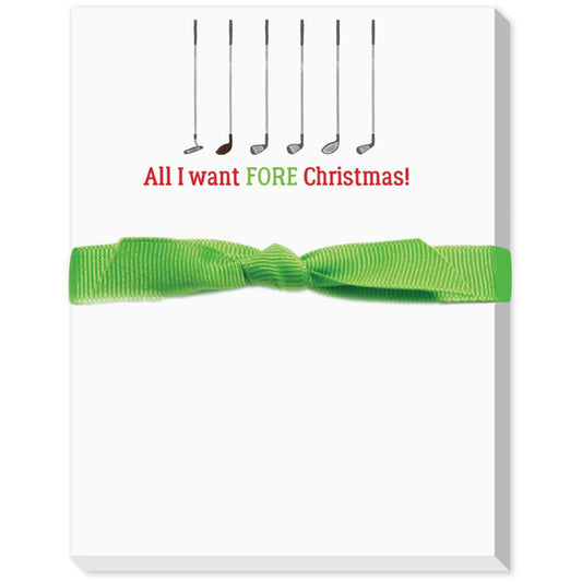 Notepad with a green ribbon and golf-themed text, and golf clubs on a white background