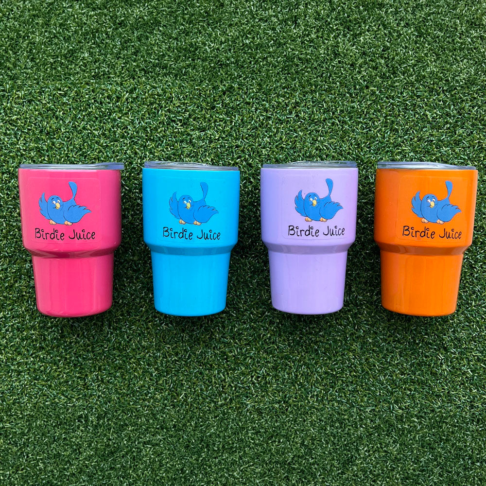 Bright neon Birdie Juice insulated golf shot glasses 4 pack.