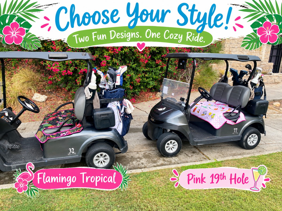 Side-by-side comparison of Flamingo Tropical and Pink 19th Hole golf cart seat blankets on golf carts.