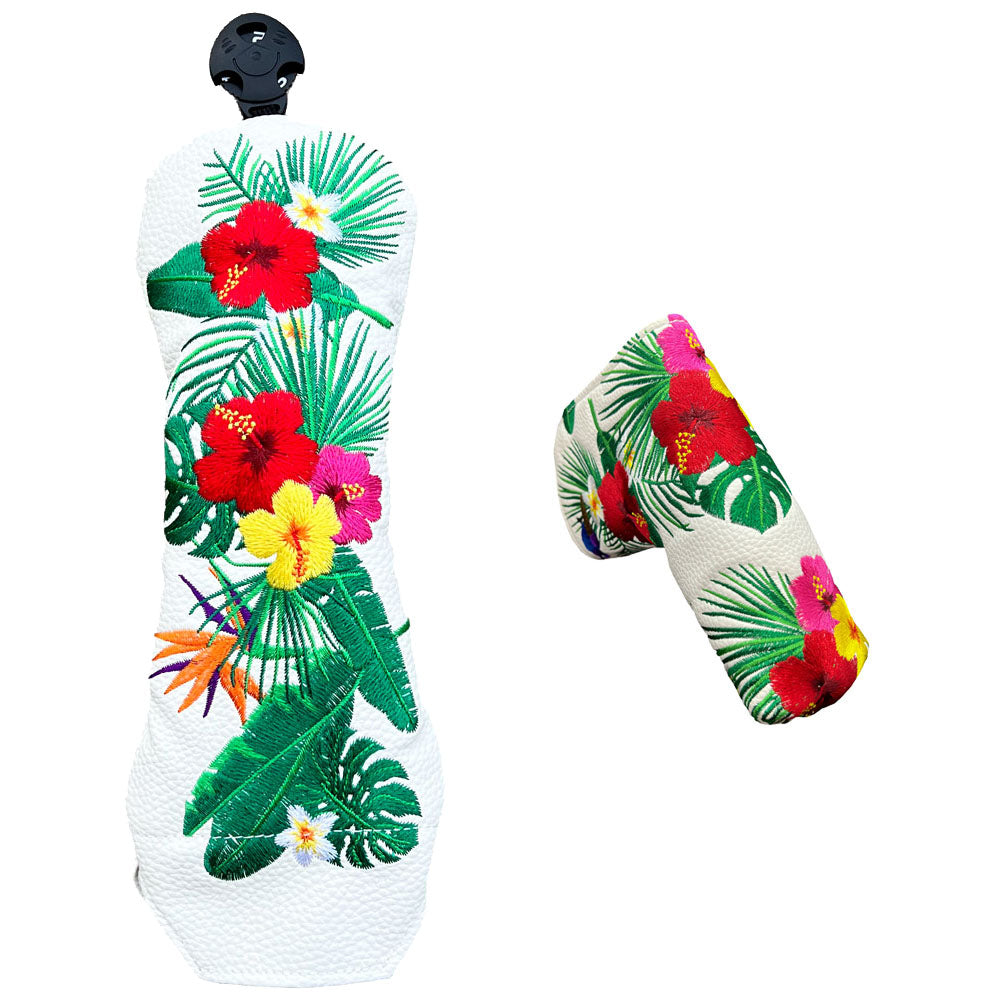 Golf club head covers (hybrid and blade) with tropical floral design on a white background