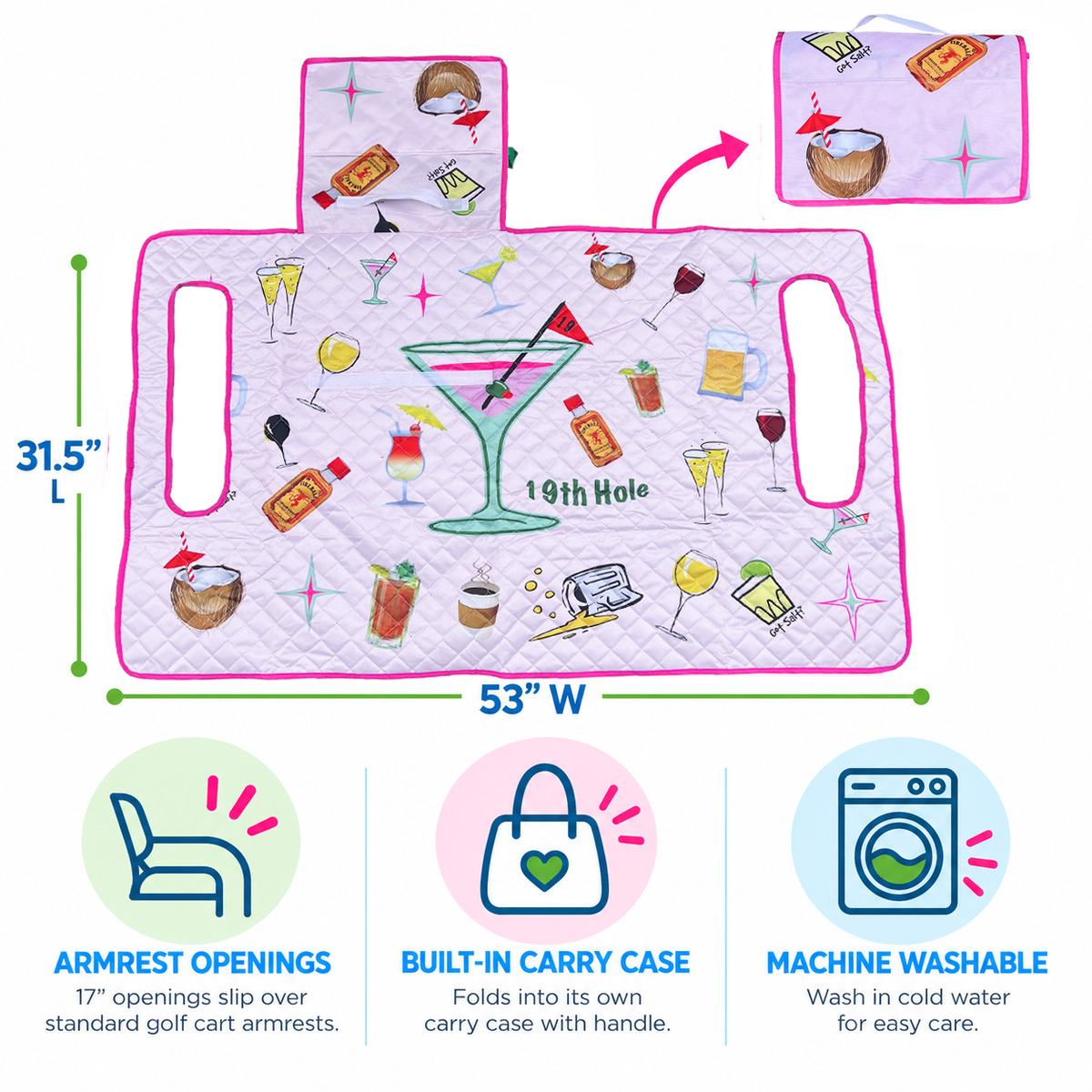 Infographic showing dimensions, armrest openings, and features of the 19th Hole golf cart seat blanket.