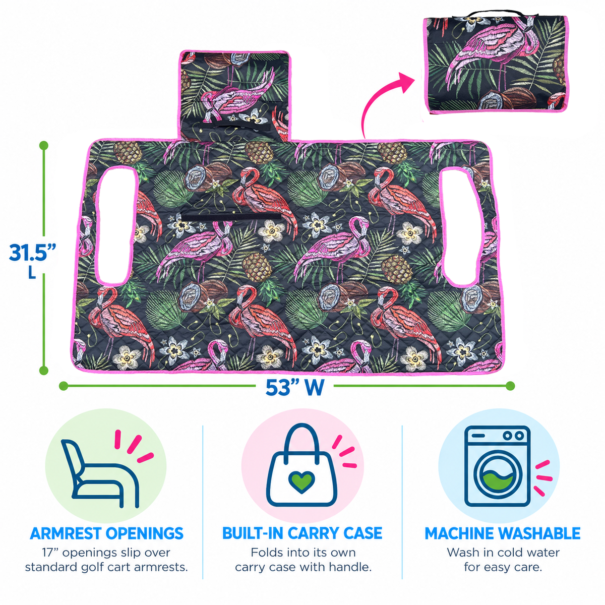 Infographic showing dimensions, armrest openings, and features of the Flamingo golf cart seat blanket.