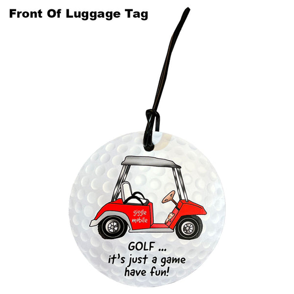 Golf Ball Luggage Tag With Red Golf Cart On Front, Giggle Golf