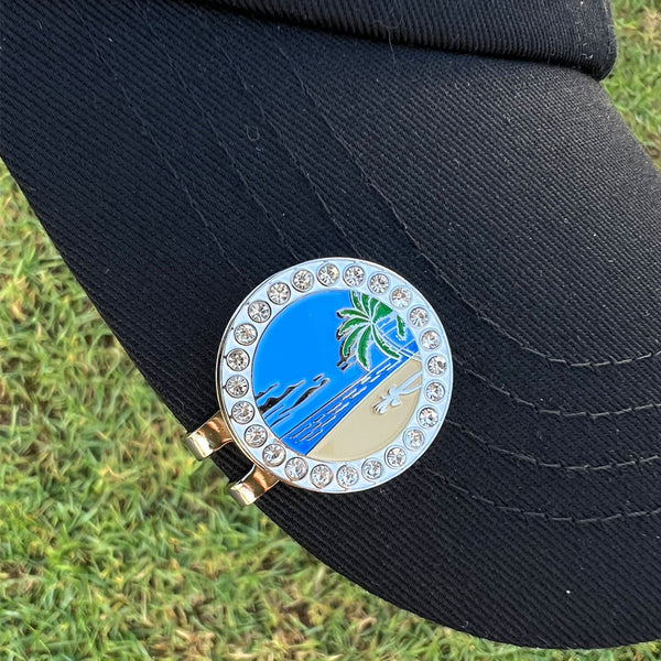 Giggle Golf Bling Beach Scene Ball Marker With Magnetic Hat Clip, On A Black Hat