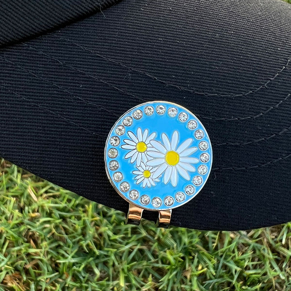 Giggle Golf Bling Daisies Ball Marker With Magnetic Hat Clip, On A Black Hat