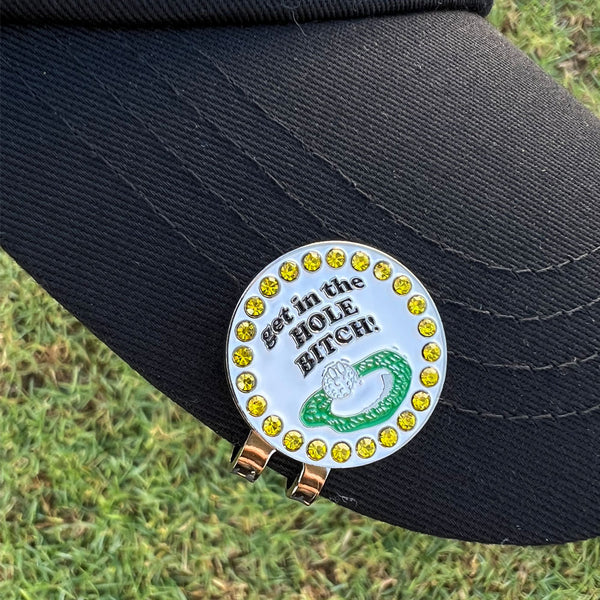 Giggle Golf Bling Get In The Hole Bitch Ball Marker With Magnetic Hat Clip, On A Black Hat