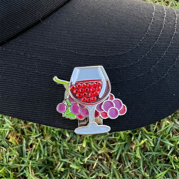 Giggle Golf Bling Glass Of Red Wine Ball Marker With Magnetic Grapes Hat Clip, On A Black Hat