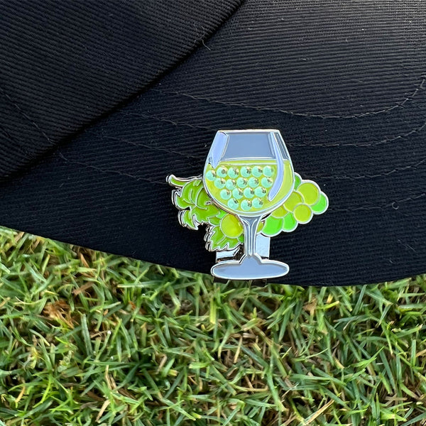 Giggle Golf Bling Glass Of White Wine Ball Marker With Magnetic Grapes Hat Clip, On A Black Hat