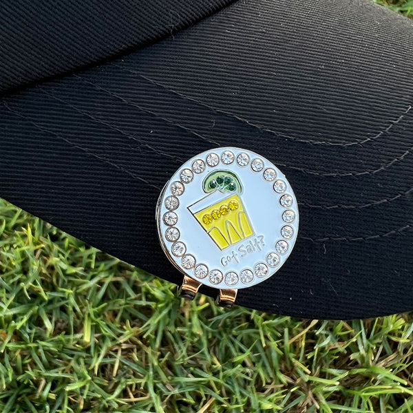 Giggle Golf Bling Got Salt Ball Marker With Magnetic Lime Hat Clip, On A Black Hat
