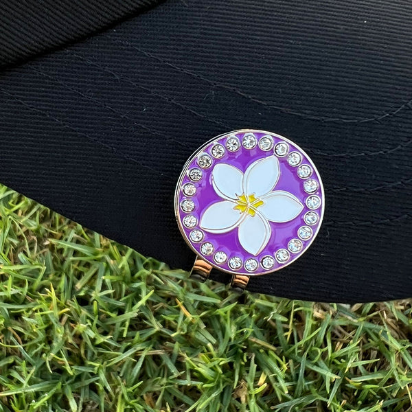 Giggle Golf Bling Plumeria Ball Marker With Magnetic Hat Clip, On A Black Hat