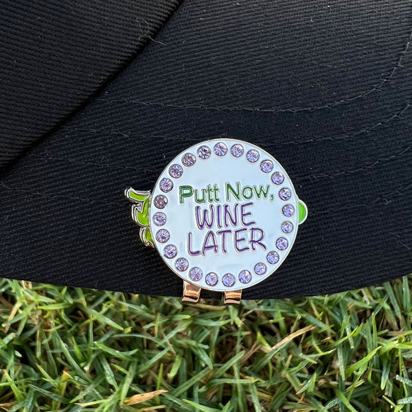 Giggle Golf Bling Putt Now Wine Later Ball Marker With Magnetic Grapes Hat Clip, On A Black Hat