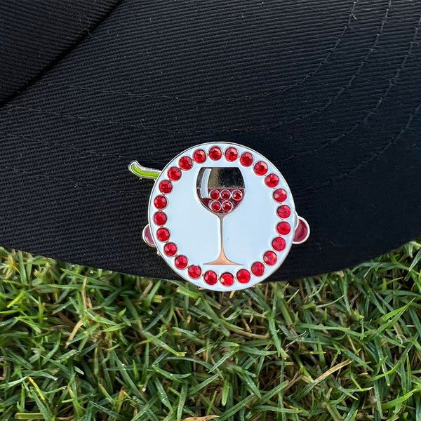 Giggle Golf Bling Red Wine Ball Marker With Magnetic Grapes Hat Clip, On A Black Hat