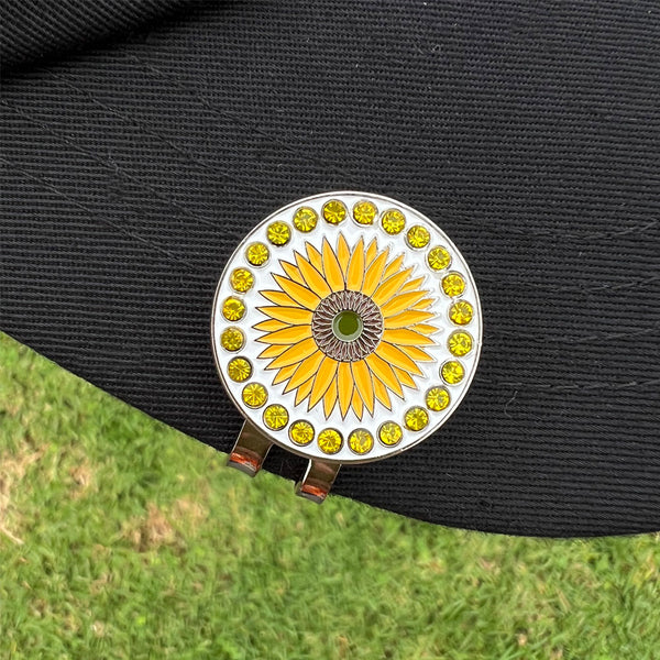 Giggle Golf Bling Sunflower Marker With Magnetic Hat Clip, On A Black Hat