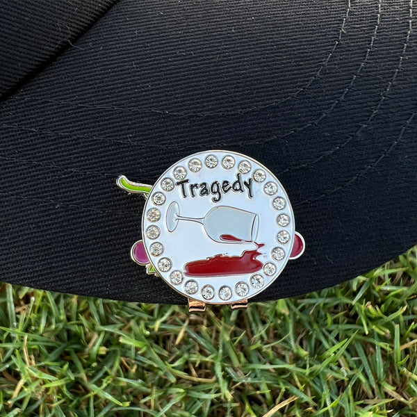 Giggle Golf Bling Tragedy (Glass Of Red Wine Spilling) Marker With Magnetic Grapes Hat Clip, On A Black Hat