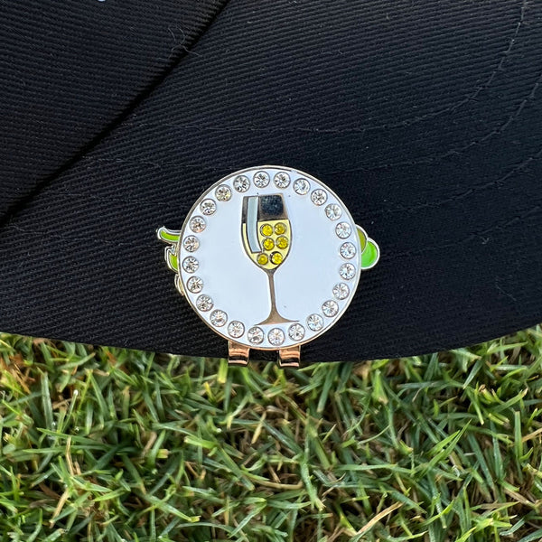 Giggle Golf Bling White Wine Ball Marker With Magnetic Grapes Hat Clip, On A Black Hat