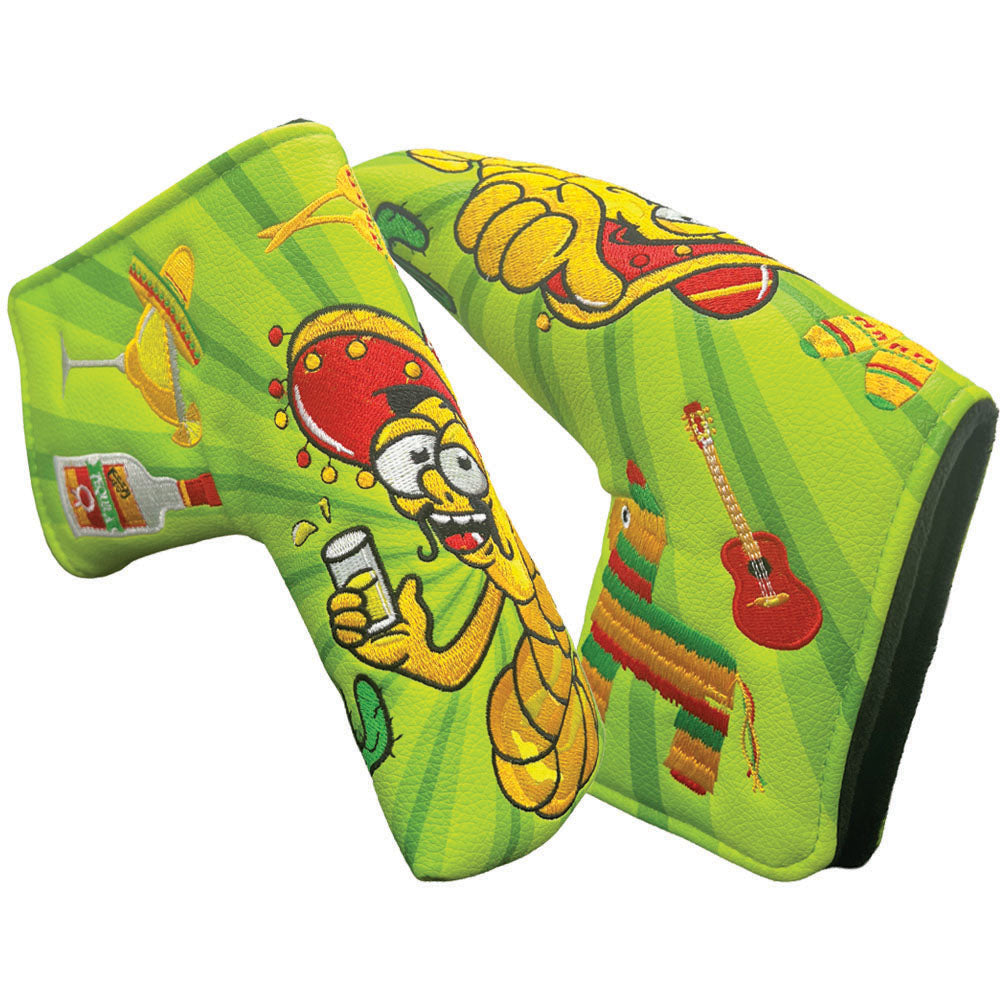 Both sides of green fiesta blade putter cover with embroidered tequila worm, margarita, maracas and guitar design