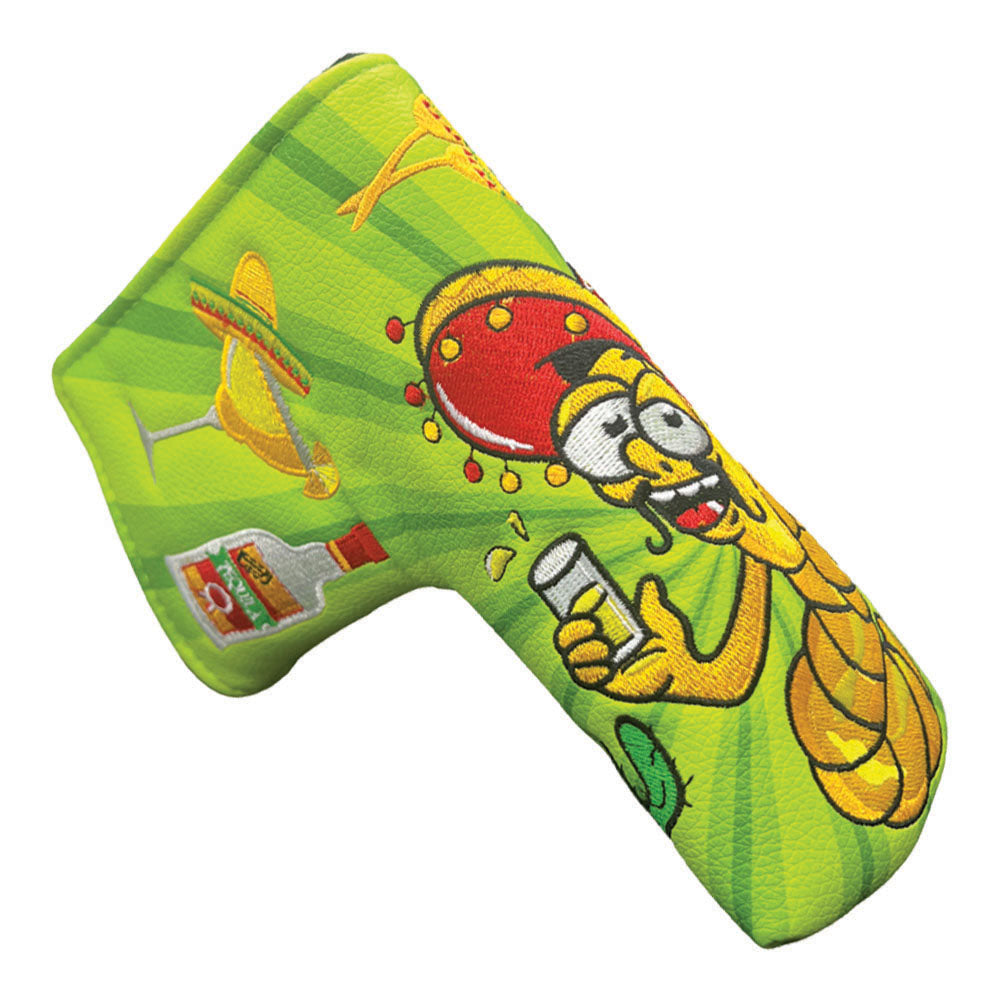 Green fiesta blade putter cover with embroidered tequila worm, margarita, maracas and guitar design