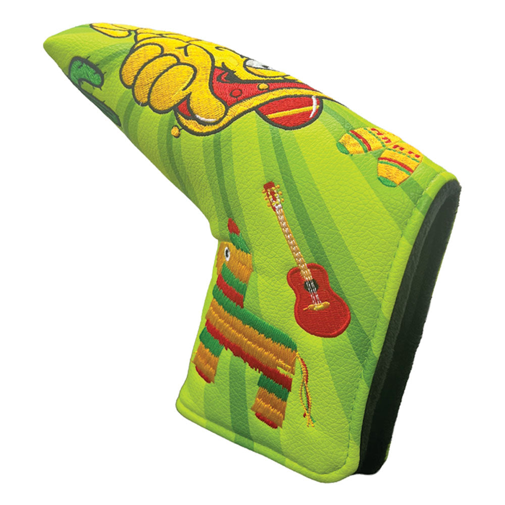 Fiesta blade putter cover featuring embroidered tequila worm, margarita, maracas and guitar accents
