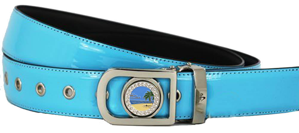women’s adjustable light blue golf belt & bling marker. stylish golf accessory