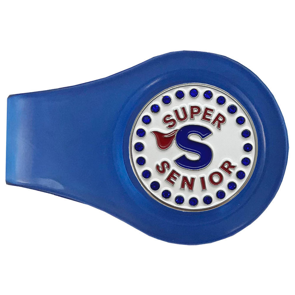 Blue magnetic golf clip with 'Super Senior' ball marker on a white background