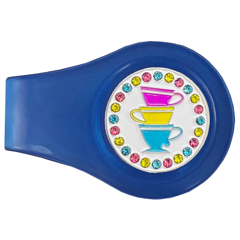 Giggle Golf Bling Teacups Ball Marker On A Blue Magnetic Clip