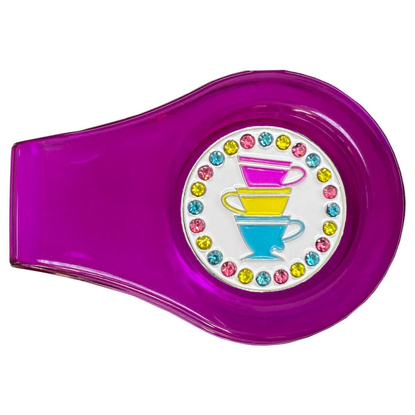 Giggle Golf Bling Teacups Ball Marker On A Purple Magnetic Clip