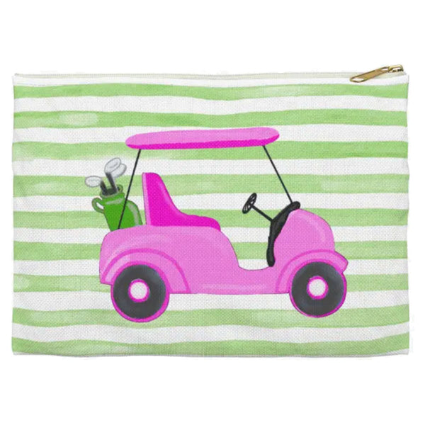 Pink Golf Cart On Green & White Striped Canvas Bag