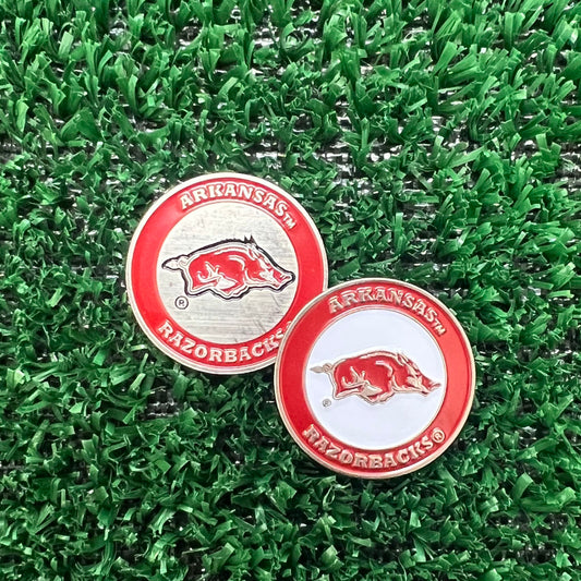 Double-sided Arkansas golf accessory ball marker for golfers who are Razorback fans.