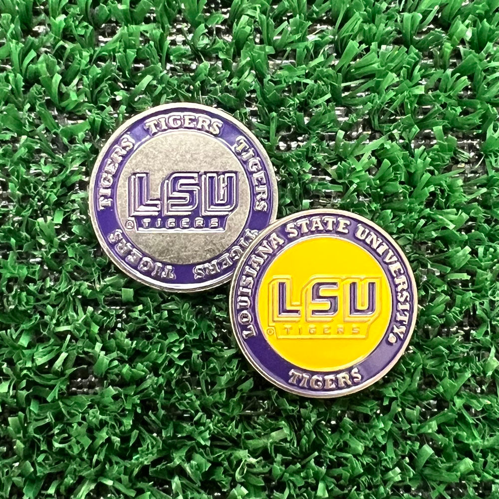 LSU Tigers double-sided golf ball marker with LSU logo in purple and gold
