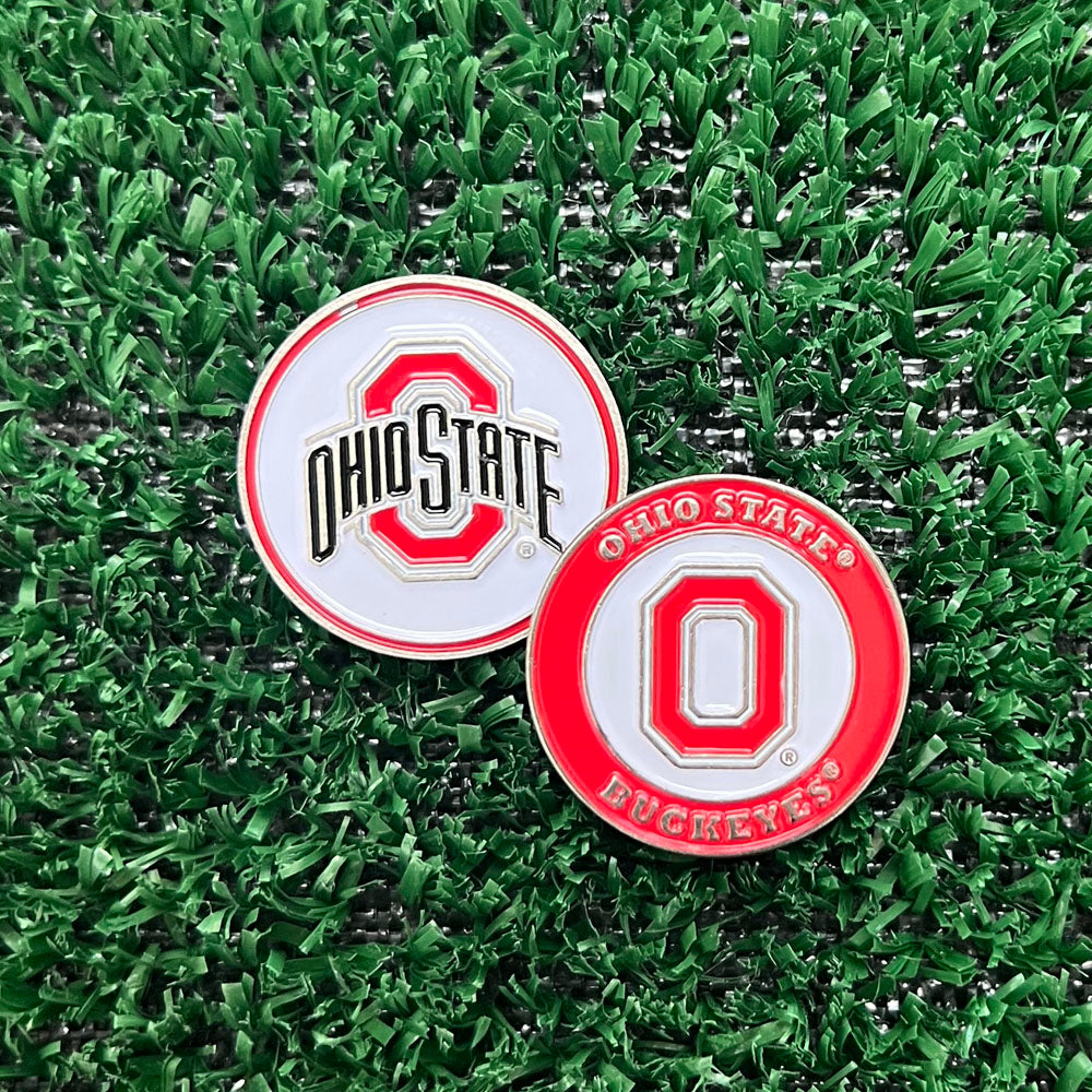 Fun Ohio State double-sided golf ball marker with Buckeyes logo