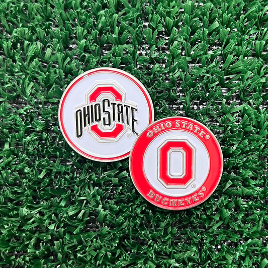 Fun Ohio State double-sided golf ball marker with Buckeyes logo