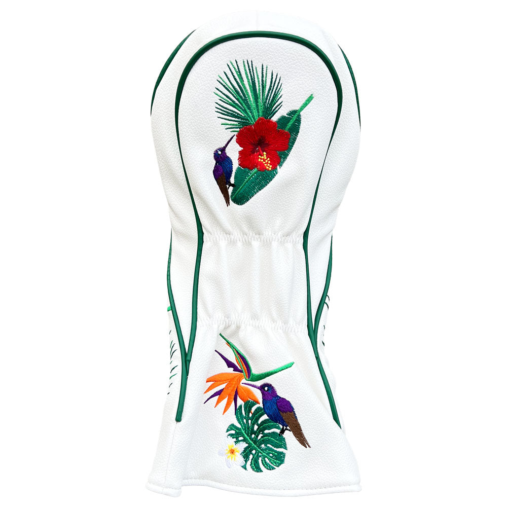 Golf club driver head cover (back) with tropical floral and bird design on a white background